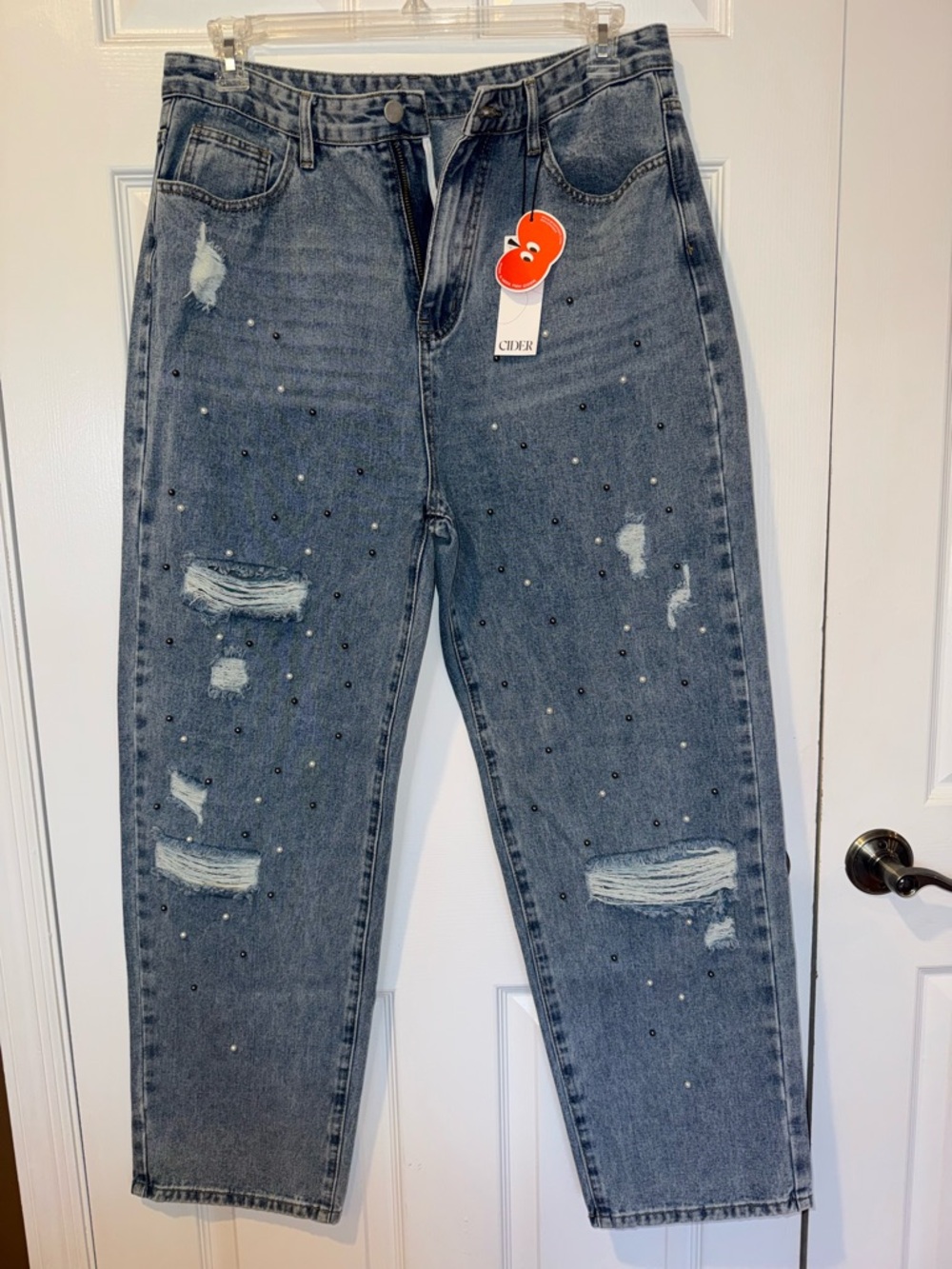 Cider Distressed Boyfriend Jeans with Pearl Embellishments